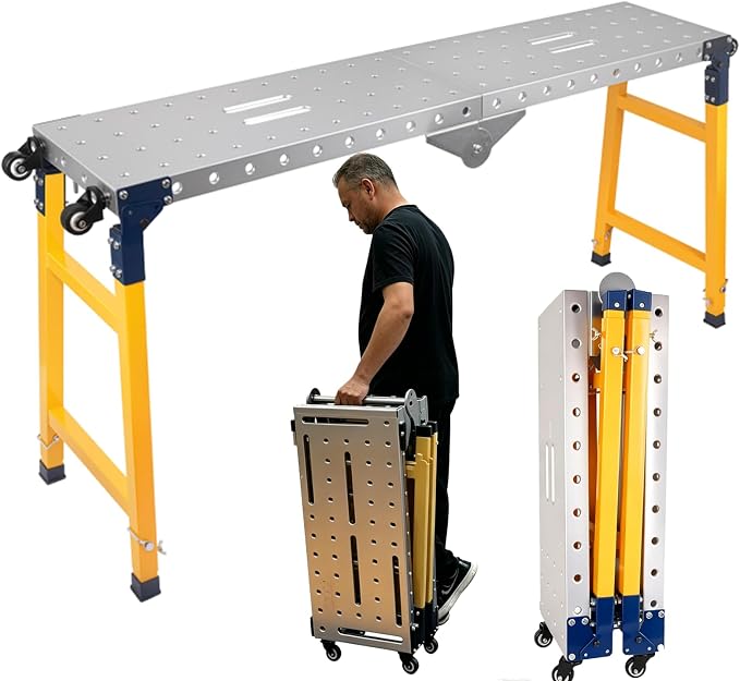 Adjustable Height Work Platform 2000 LBS 65"x12", Height 29" to 48" Folding Steel Work Bench, Portable Scaffold Ladder for Drywall, Painting & Home Renovation