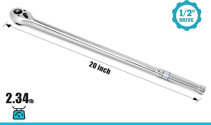 DURATECH Extra Long Handle 1/2-Inch Drive Ratchet, 90-Tooth Ratchet Wrench | Quick-Release Socket Wrench with 20" Extra Long Handle, Teardrop Ratcheting, Reversible, CR-V Made, CR-MO Head,Full Polished