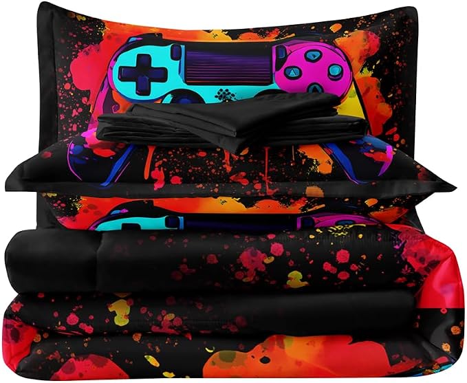 5 Pieces Twin Comforter Set for Boys,Gaming Comforter Sets for Boys,Kids Bedding Sets, Colorful Gamepad Controller,Game Bedding Set,Modern Gaming Boy Room Decor(Twin, Red)