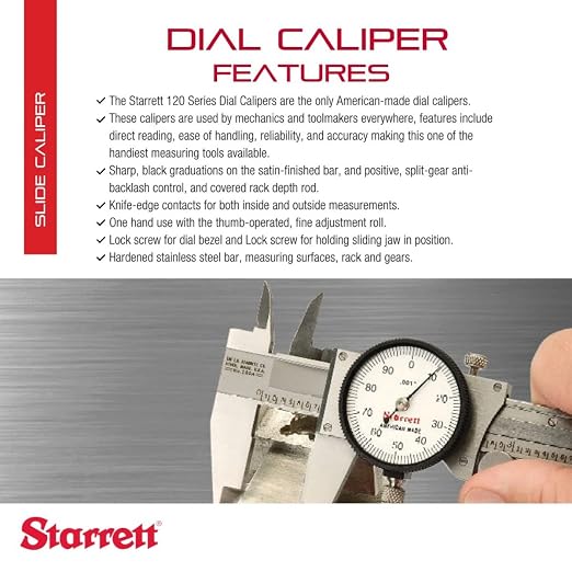 Starrett 120 Series Dial Slide Calipers for Accurate Measurement with Fitted Plastic Case - White Face, 0-6" Range, .001" Graduation - 120A-6
