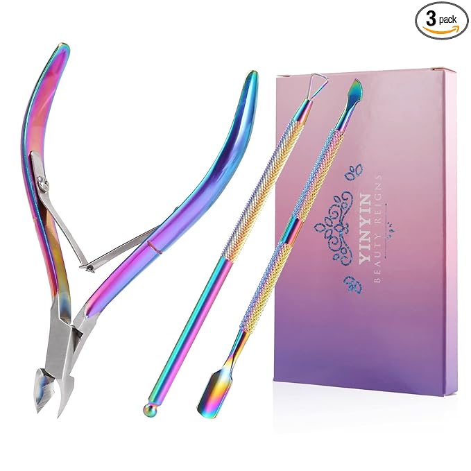 Cuticle Trimmer with Cuticle Pusher and Cutter,YINYIN Cuticle Remover Cutter Nipper Clippers Durable Pedicure Manicure Tools for Fingernails and Toenails(Rainbow)