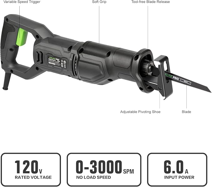 GALAX PRO 120V Reciprocating Saw, 6.0 Amp Corded Electric, for DIY & Contractor Cutting Wood/Metal/PVC Pipe, Variable Speed, 1-1/8" Stroke Length, 2800RPM, 6" Max Cut