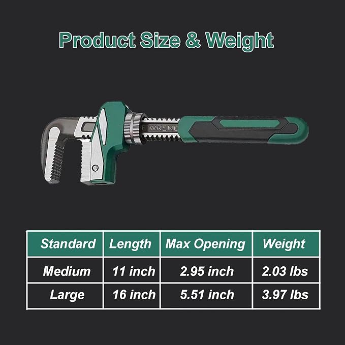 Upgraded 11 inch Heavy Duty Adjustable Pipe Wrench with [Silicone Non-slip Grip] Adjustable Wrench Fits a Variety of Fastener Sizes for Construction Machine Automobiles Home Repairs 11'' Green