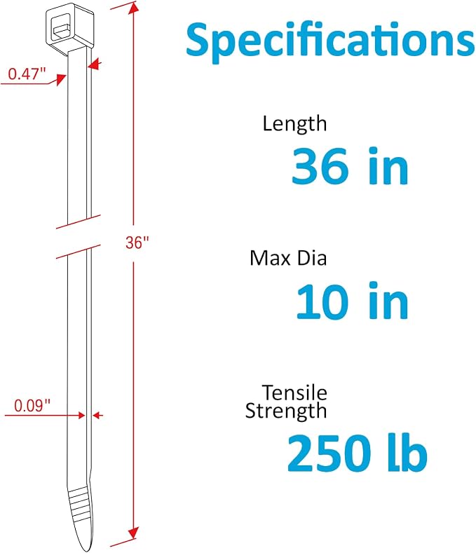 Large Zip Ties 36 inch (250 Pack), Long Zip Ties Heavy Duty with 250 lb Tensile Strength, Big Cable Ties, Black, by ANOSON