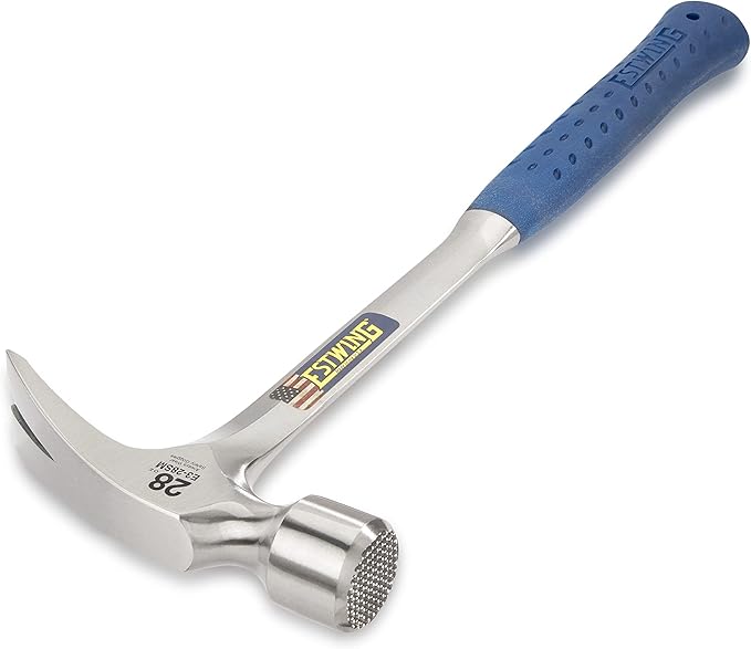 ESTWING Framing Hammer - 28 oz USA Made Long Handle Straight Rip Claw Hammer with Milled Face & Shock Reduction Grip - E3-28SM