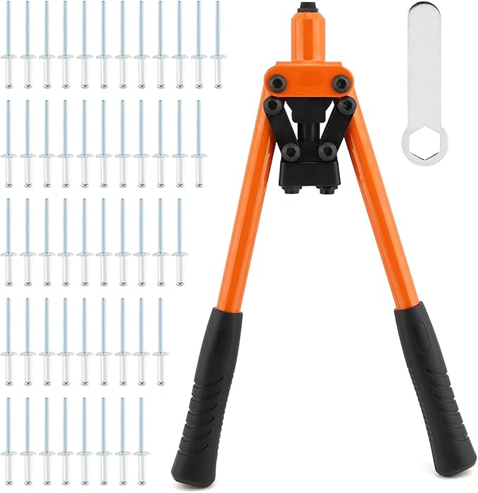 HONUTIGE Rivet Gun Kit, Professional Hand Riveter Heavy Duty Metal Rivet Gun Tool Manual Rivet Tool One-Handed Rivet Gun with 50 Rivets for DIY/Automotive Repairs/Furniture