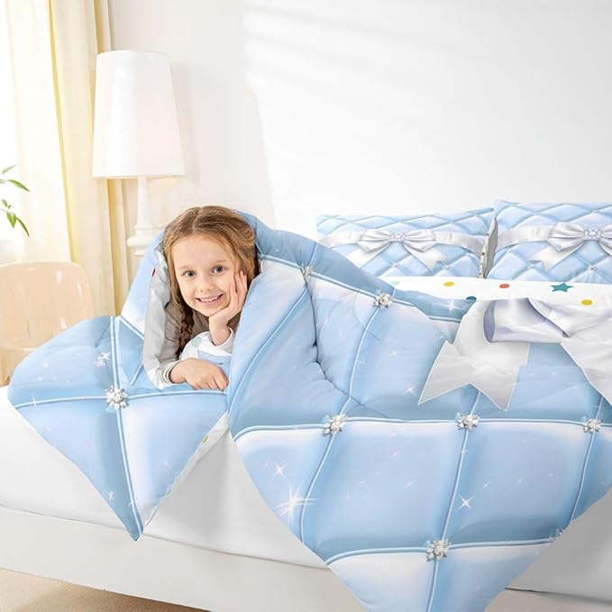 Feelyou Cute Blue Bow Bedding Set Soft for Boys Girls, Geometry Bowknot Comforter Set Queen Size Glitter Duvet Quilt Microfiber Bedroom Decor 3 Pcs with 2 Pillow Cases