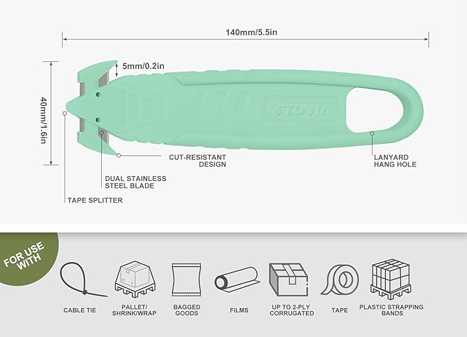 T TOVIA Safety Box Cutter Knife of Recessed Concealed Stainless Steel Blade, Package Opener Plastic Cutter for Box, Carton, Shrink Wrap, Plastic Straps, 10pcs Green