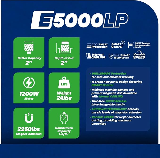 Unibor Low Profile Magnetic Drill Press - E5000LP ELITE Range 2" Cutter Capacity, Low Profile Mag Drilling Machine, Smart Control | LiftShield, LED Work Light, Variable Speed Lightweight 1200W Power