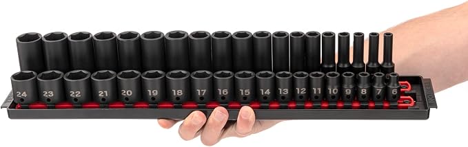 TEKTON 3/8 Inch Impact Socket Set, 68-Piece | SID91218 | (1/4 - 1 in., 6 - 24 mm), Shallow and Deep, 6-Point, Socket Rail