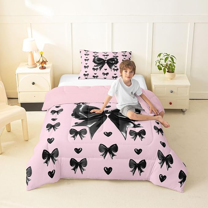 Feelyou Cute Pink Bow Comforter Set All Season Girly Bow Bedding Set with 1 Pillow Cases Love Hearts Bowknot Microfiber Kids Toddler Bedclothes Bedroom Decor Duvet Quilt Breathable Soft Lightweight
