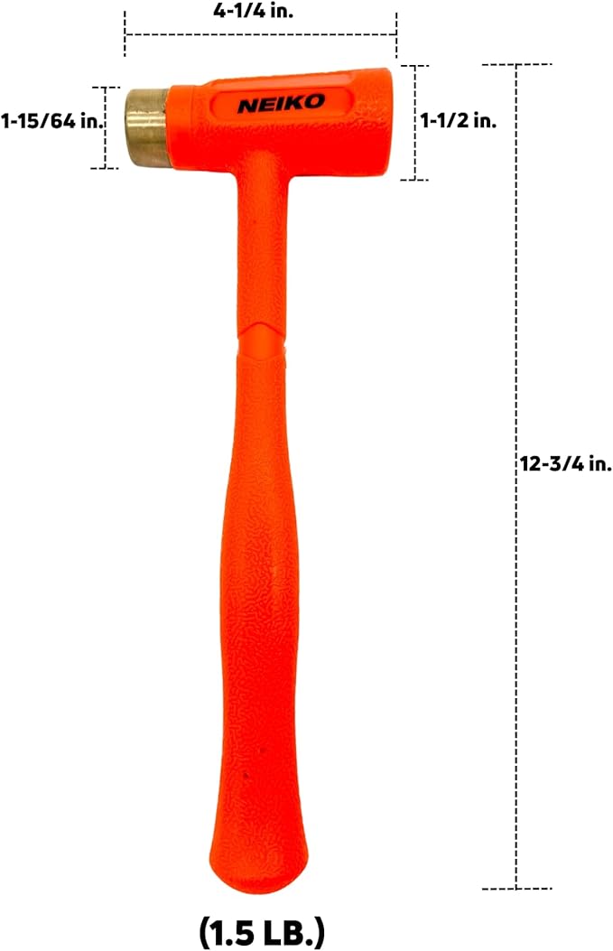 NEIKO 02871A Dead Blow Hammer With Brass Cap, 1.5 Pounds, Neon Orange Deadblow Hammers, Mallet, Spark and Rebound Resistant, Unibody Molded, Soft Blow Rubber, Non Slip Grip, Steel Shot and Core