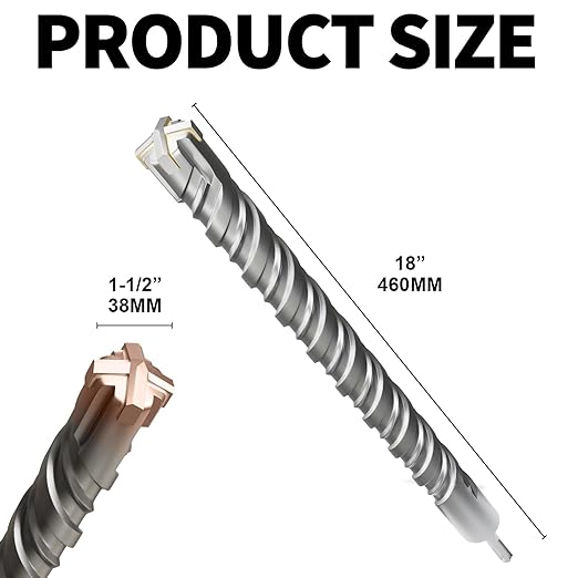 SDS Plus Rotary Hammer Drill Bit, 1-1/2"×18" (38mm×460mm) - 4 Carbide Cutting Edges & Coated Head | Heavy-Duty for Masonry, Concrete, Natural Stone, Brick Walls