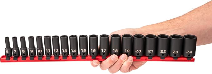 TEKTON 3/8 Inch Drive Impact Socket Set, 19-Piece | SID91117 | (6 - 24 mm), Semi-Deep, 6-Point, Socket Rail