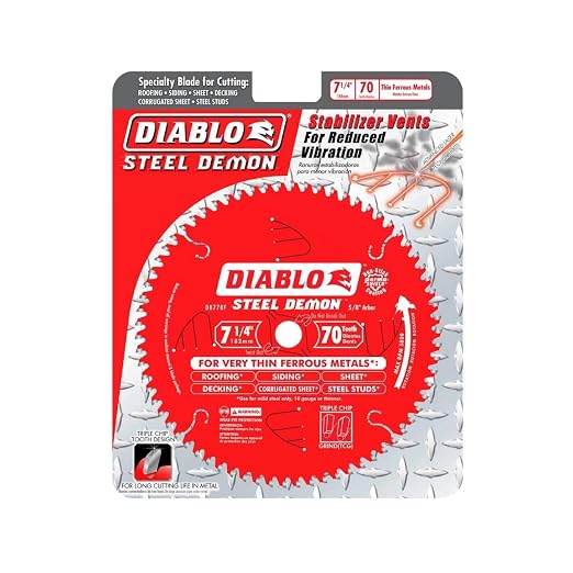 Diablo 7-1/4-Inch x 70-Teeth Steel Demon Carbide Saw Blade for Thin Metal - Ideal for Mild Steel Cutting, 12 Gauge or Thinner - Tico Hi-Density Carbide, Triple Chip Grind - D0770F