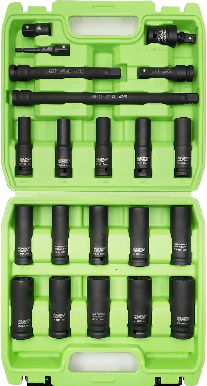 SUNHZMCKP 1/2" Socket Set, 21pcs Drive Deep Impact Socket Set, 6 Point Standard Metric Sockets (10mm - 24mm), Including 3 ", 6", 10" Impact Extension Bar and Drill Socket Adapter, Cr-MO