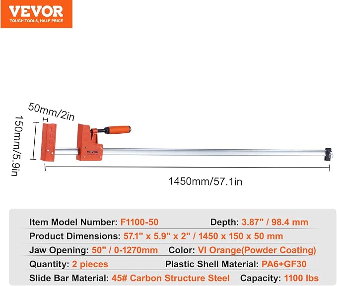 VEVOR Bar Clamps for Woodworking, 2-Pack 50" Parallel Clamp Set, F Clamp with 1100 lbs Load Limit, Even Pressure, High-strength Plastic and Carbon Steel, Wood clamps for Woodworking Metal Working | For Wood or Metal Working, 1100 lbs Load Limit, Large ...