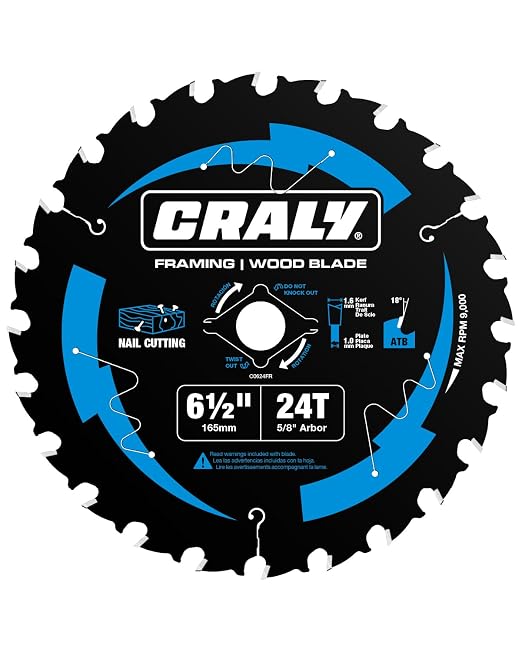 CRALY 6-1/2 Inch 24 Teeth Wood Cutting Framing Circular Saw Blade, 5/8 Inch Arbor, Carbide Tipped, Thin Kerf, Black Ice™, for Plywood, MDF, OSB, Laminated(C0624FR)