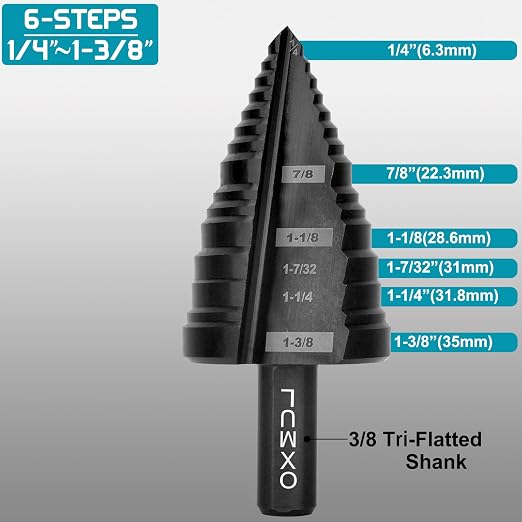 M35 Step Drill Bit for Metal, 1/4" to 1-3/8", Cobalt Bits, Heavy Duty for Stainless Steel, Metal, Aluminum, Copper, 6-Steps. 204