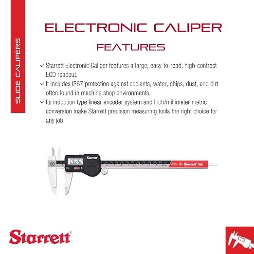 Starrett Stainless Steel IP67 Electronic Slide Caliper - 0-8" Range, .0005" Resolution, LCD Display, Fine Adjustment, Slide Lock, in/mm Conversion - 798A-8/200
