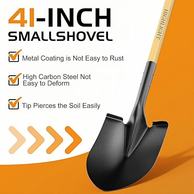 Heavy Duty Garden Shovel for Digging, 41 Inch Round Point with D-Handle, Cold Rolled Steel Blade- for Edging, Trenching, Transplanting, Snow Removal - Wood Handle for Camping, Beach, Car Emergency