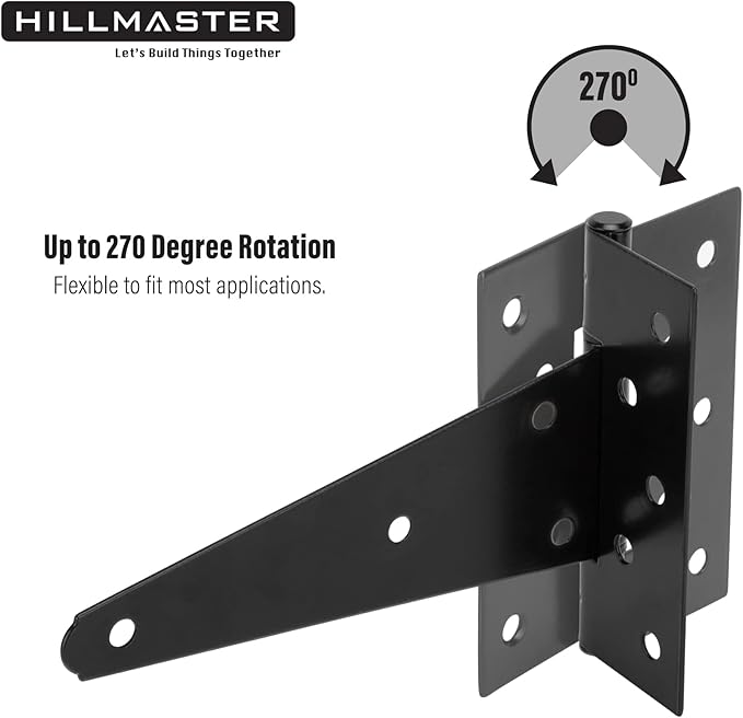 HILLMASTER 10 Inch T-Strap Heavy Duty Shed Door Hinges Gate Strap Hinges Black Tee Hinge Wrought Hardware for Wooden Fences,Yard,Barn Door,Rustproof (4 Pack)