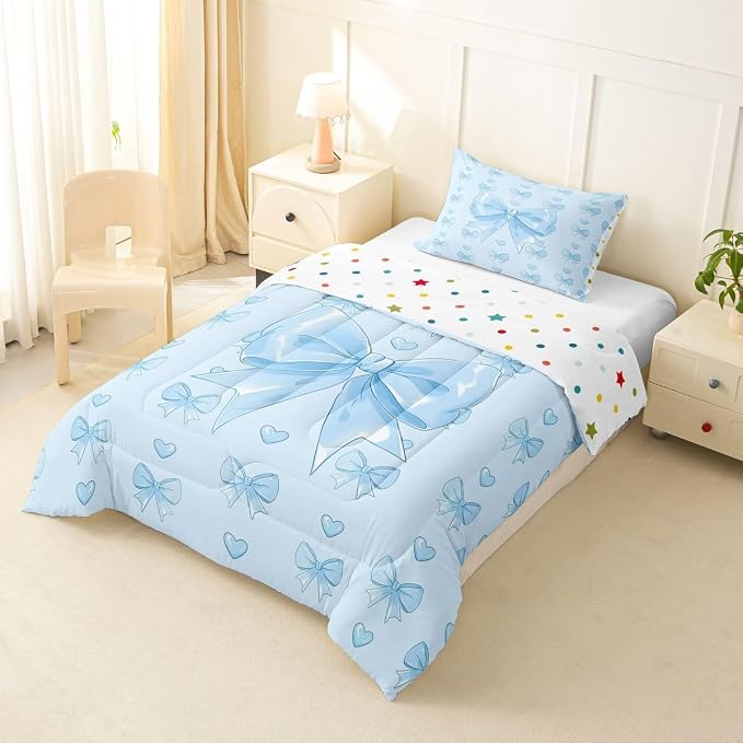 Feelyou Cute Blue Bow Bedding Set Soft for Boys Girls, Love Hearts Bowknot Comforter Set Twin Size Girly Bow Tie Duvet Quilt Microfiber Bedroom Decor 2 Pcs with 1 Pillow Cases