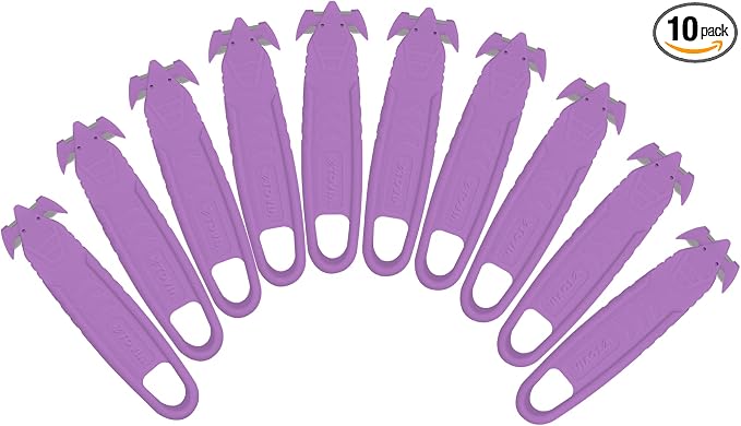 T TOVIA Safety Box Cutter Knife of Recessed Concealed Stainless Steel Blade, Package Opener Plastic Cutter for Box, Carton, Shrink Wrap, Plastic Straps, 10pcs purple