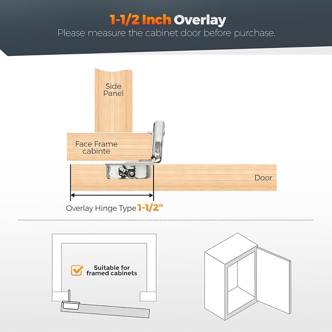 30 Pack (15 Pairs) 1-1/2" Overlay Soft Close Cabinet Hinges, Satin Nickel Stainless Steel Concealed Hinges with 3D Self-Closing for Face Frame Doors & Kitchens