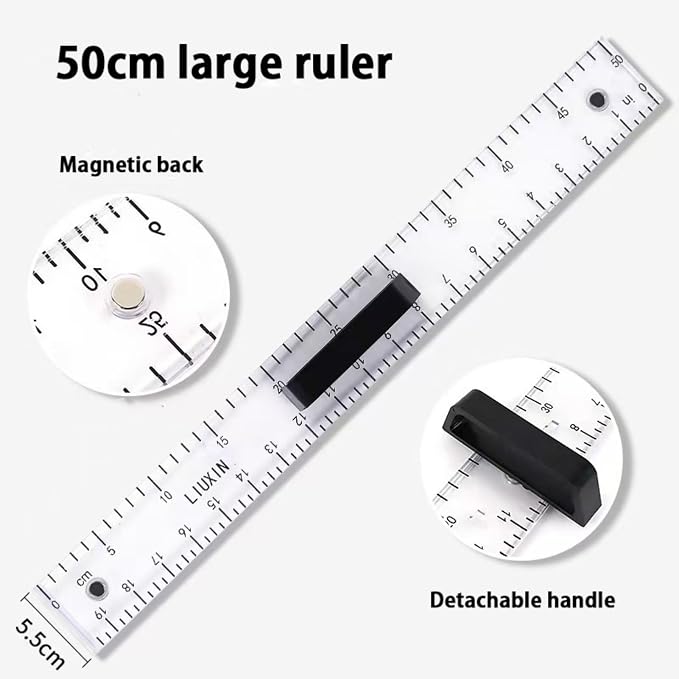Magnetic Geometry Tool Set Clear Drafting Tools Mathematics Protractor, Triangular Scale Ruler Math Classroom Teaching Measurement Set Oversized Ruler (Transparent 2-Piece Set)