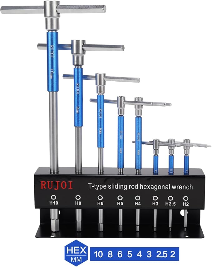 T-Handle Hex Key Wrench Set, Metric Allen Keys 2mm-10mm with Sliding Handle, Portable Folding Storage Case for Bike Repair, Automotive & Home Maintenance (8 Pieces, CR-V Steel)