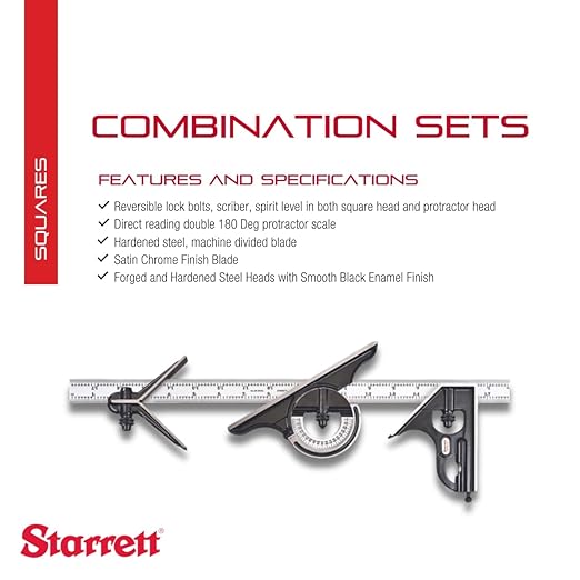 Starrett Combination Set with Square, Center and Reversible Protractor Head and Blade - 18" Blade Length, Forged and Hardened Steel, 4R Graduation Type - C434-18-4R