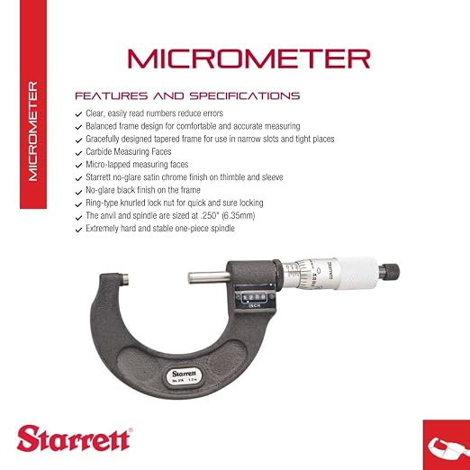 Starrett Digital Micrometer with One-Piece Spindle, Satin Chrome Finish and Tapered Frame - Quick and Easy Adjustment, 1-2" Range, .0001" Graduations - T216XRL-2