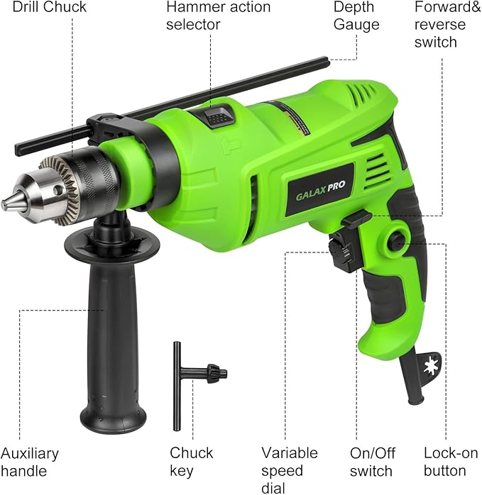 GALAX PRO 7Amp 850W 2-in-1 Hammer Drill, 0-3000 RPM, 13 mm Metal Chuck, 360° Adjustable Auxiliary Handle, Comes with 13 Accessories, Suitable for Concrete, Metal, and Wood
