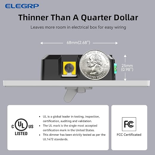 ELEGRP Digital Dimmer Switch for LED/CFL, Toggle Dimmer Switch with Decorative Frameless Design Wallplate, Single Pole/3-Way, UL Listed, 10 Pack, White