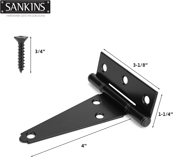 4 Inch T-Strap Shed Door Hinges Heavy Duty, Black Tee Gate Hinges for Wooden Fences, Yard Door, Barn Door Gates, Wrought Hardware Rustproof, 4Pack