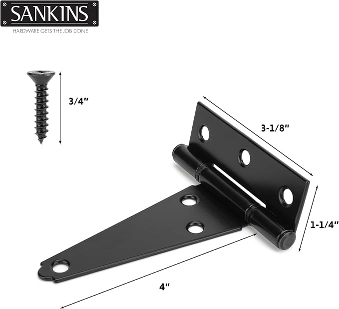 4 Inch T-Strap Shed Door Hinges Heavy Duty, Black Tee Gate Hinges for Wooden Fences, Yard Door, Barn Door Gates, Wrought Hardware Rustproof, 6Pack