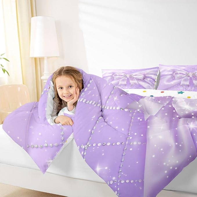Feelyou Purple Bow Kids Comforter Set King Size Geometry Bowknot Bedding Set Glitter Duvet Quilt for Kids Boys Girls Bedroom Decor Microfiber Ultra Soft Breathable