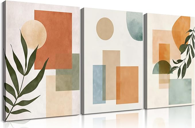Frimeeme 3 Piece Boho Sun Canvas Wall Art, Geometric Botanical Framed Wall Decor, 12x16 Inches, Wall Art for Bedroom Living Room