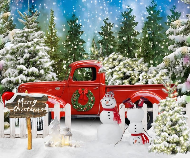 Winter Christmas Snowman Red Truck Backdrop 10x8ft Merry Christmas Winter Forest Photography Background Xmas Theme Party Decorations Studio Photo Booth Props