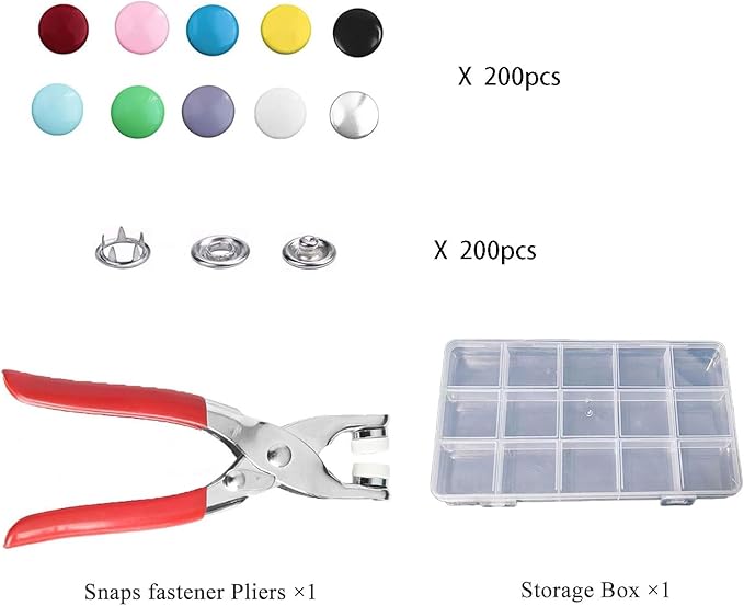 200 Sets Metal Snap Buttons Kit with Fastener Pliers Press Tool - 800 PCS 9.5mm Snap Fasteners for DIY Crafts, Clothing, Hats, Sewing, and Fabric Projects (Colorful1)