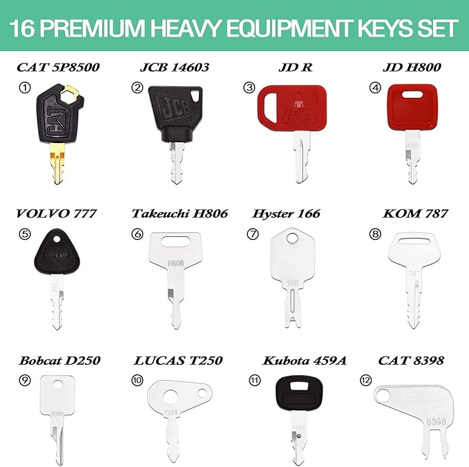 Yasashii 16 Heavy Equipment Keys Set Fits CAT, Case, JD, Komatsu, Kubota, Yanmar, Daewoo, Hyster, Takeuchi, Heavy Construction Equipment Ignition Key Set