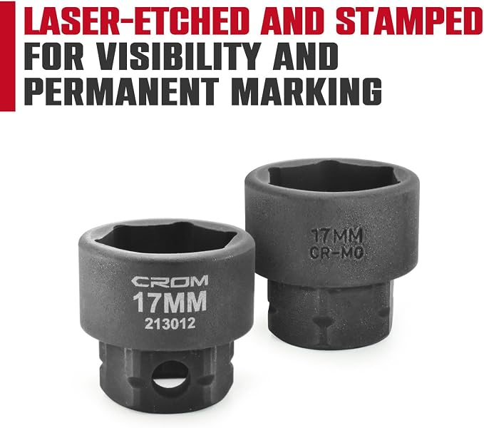 CROM Stubby Impact Socket Set 3/8" Drive Metric 6-19mm 14-Piece | Low Profile, CR-MO Steel, Nano Shallow Impact, Includes Aluminum Storage Rail