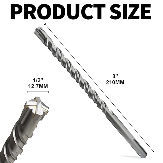 SDS Plus Rotary Hammer Drill Bits, (1/2"*8"-12.7mm*210mm) - 4 Carbide Cutting Edges, Ideal for Masonry| Heavy-Duty Masonry |Hammer Drill Bits for Precision Drilling