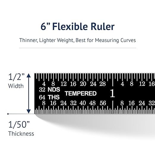 PEC Tools 6 inch Flexible Metal Ruler, Easy to Read Stainless Steel Ruler, High Contrast, 16R Graduation (1/32", 1/64", 1/50", 1/100"), Machinist Ruler with Black Chrome Finish, Made in USA