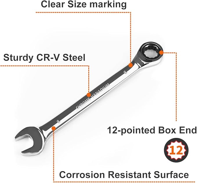 Egofine 7mm Wrench and 8mm Ratchet wrench, Metric Ratcheting Wrench Set, Industrial Grade Gear Spanner with 12 Point Box End, 72-Teeth Ratchet, Chrome Vanadium Steel