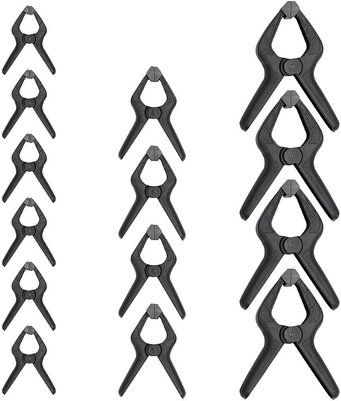 Amazon Basics 14-Piece Nylon Spring Clamp Set for Photography, Woodworking and Crafts, 6 Pack of 3-3/8-inch, 4 Pack of 4-1/2-inch, 4 Pack of 6-1/2-inch, Black/Grey