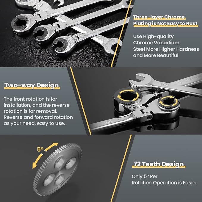 10PCS SAE Flex-Head Ratcheting Wrench Set 5/16-3/4" Combination 72-Tooth | 180 Degree Open Flex-Head,Cr-V Steel,Open-End Design,Combination Wrenches with Storage Box for Automotive Use