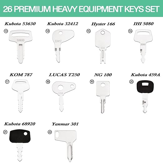 YASASHII 26 Heavy Equipment Keys Set Fits CAT, Case, JD, Komatsu, Kubota, Yanmar, Daewoo, Hyster, Takeuchi