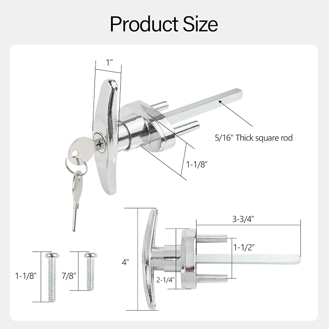 T-Handle Garage Door Lock with Cylinder - Includes 2 Keys & Black Spacers + Multi-Screw Kit, Fits 1-3/8" to 2" Thick Doors-2 Pack